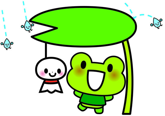 蓮の葉で雨宿りする蛙とてるてる坊主のイラスト